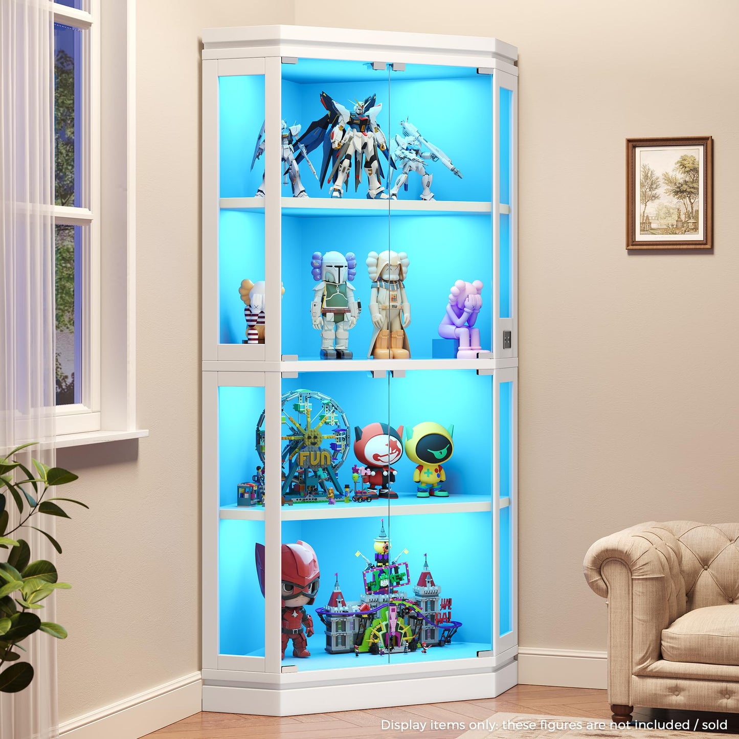 Jocoevol Corner Display Cabinet with 4 Glass Doors, 4-Tier Display Cases with RGB Lights for Collectibles, 67'' Tall Corner Curio Cabinet with Human Body Sensor for Living/Game Room (White)