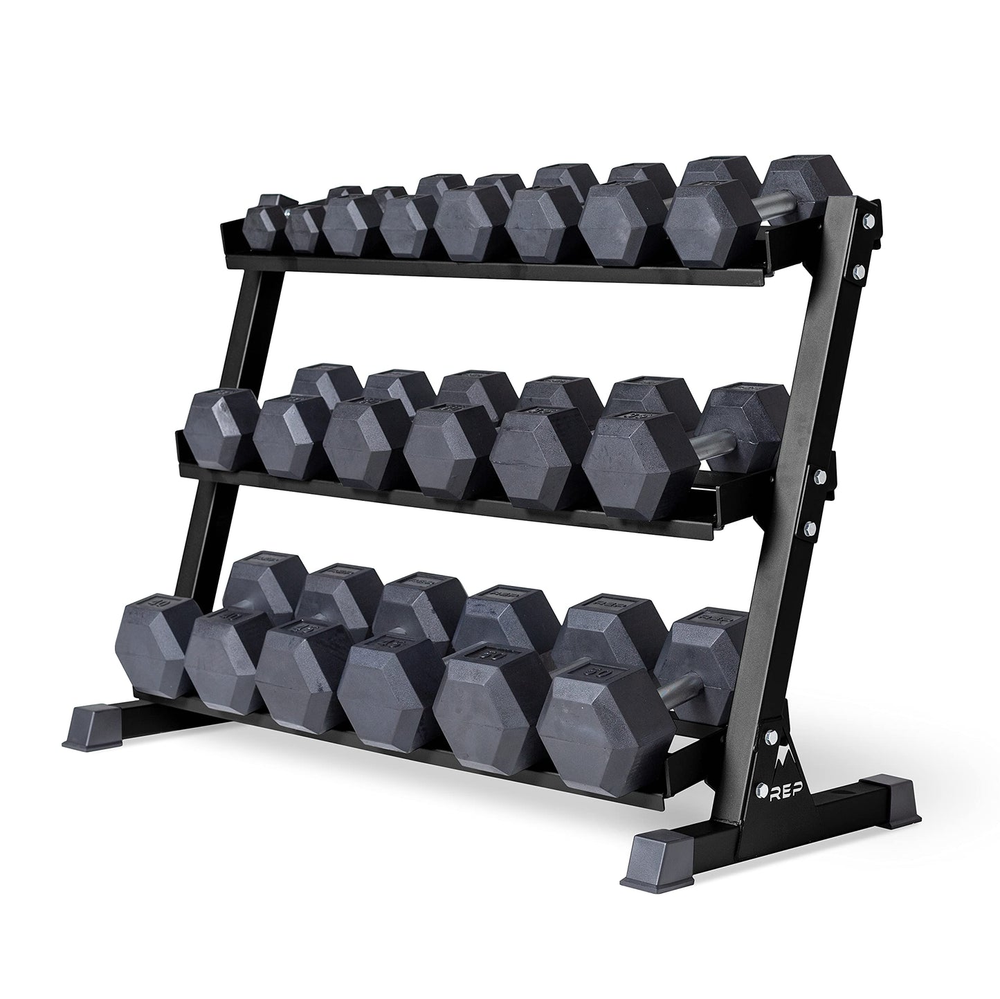 REP Fitness Rubber Hex Dumbbells, Include Black Rack, 5–50 lb Weight Pairs, Heavy-Duty Sets, Textured Handles, Bundled Package for Men & Women, Home Gym Strength Training, Lifting and Muscle Growth