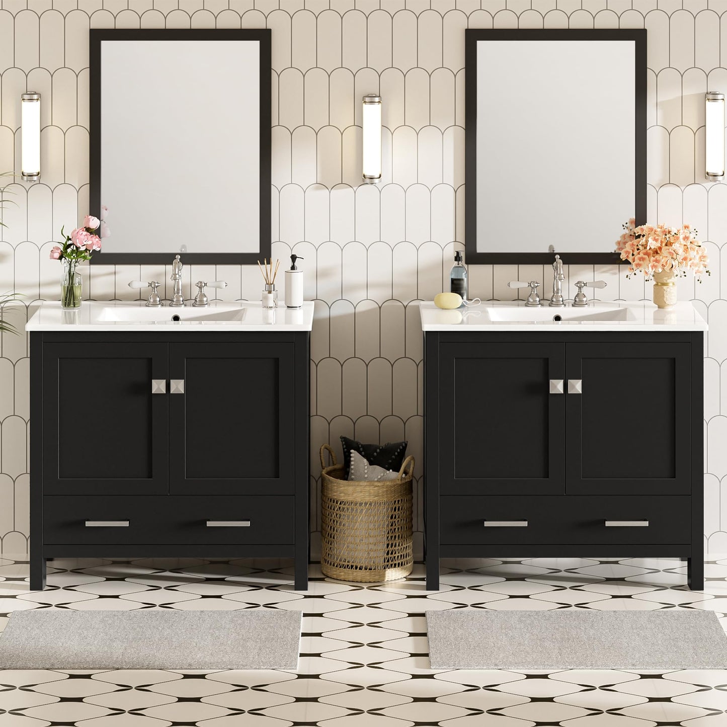 Favfurish 72" Double Bathroom Vanity with Ceramic Sink,Free Standing Single Basin Vanity Set w/Storage Shelves & Divided Drawer,Soft-Close Doors,Bathroom Storage Solution,Mirror Not Included,Black