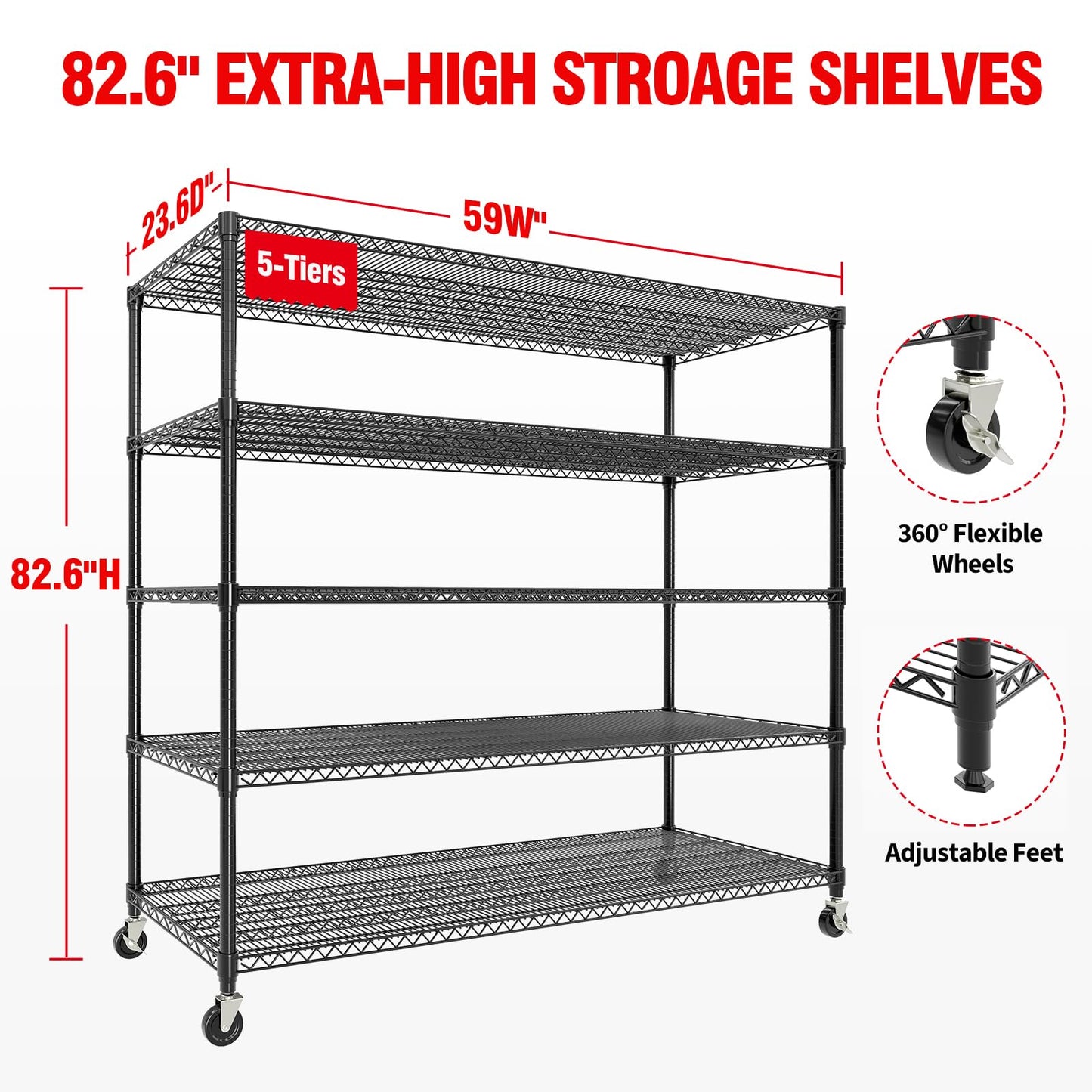 GAOMON 59" W Storage Shelves 82.6" H Heavy Duty Garage Shelving Units with Wheels, 5-Tiers Wire Shelving Rack Metal Storage Shelves for Garage Pantry Kitchen Commercial Industrial, 3300LBS Capacity