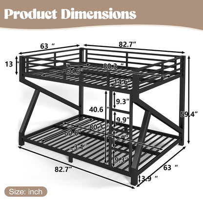 Bellemave Queen Over Queen Bunk Bed Frame with Noise Reduced Design, Low Profile Bunk Bed with Soft Ladder Rung Cover and Fence, Heavy Buty Bunk Beds for Adults, Teens