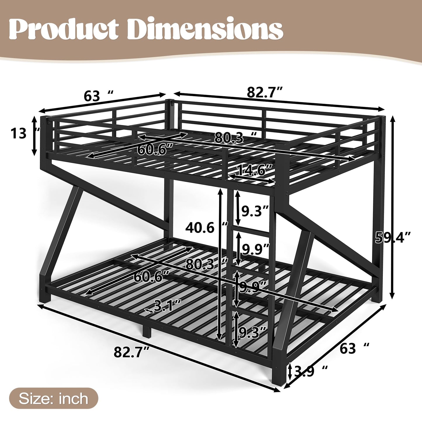 Bellemave Queen Over Queen Metal Bunk Bed,Low Profile Floor Bunk Bed Frame with Angled Ladder, Heavy Duty & Noise-Free Design for Kids, Teens & Adults, Black