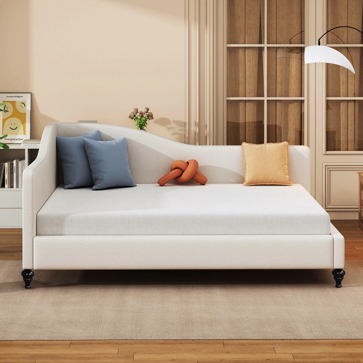 Merax Full Size Bed Frame Daybed, L-Shaped Linen Corner Sofa with Solid Wood Legs for Living Room & Guest Room, No Box Spring Needed, Beige