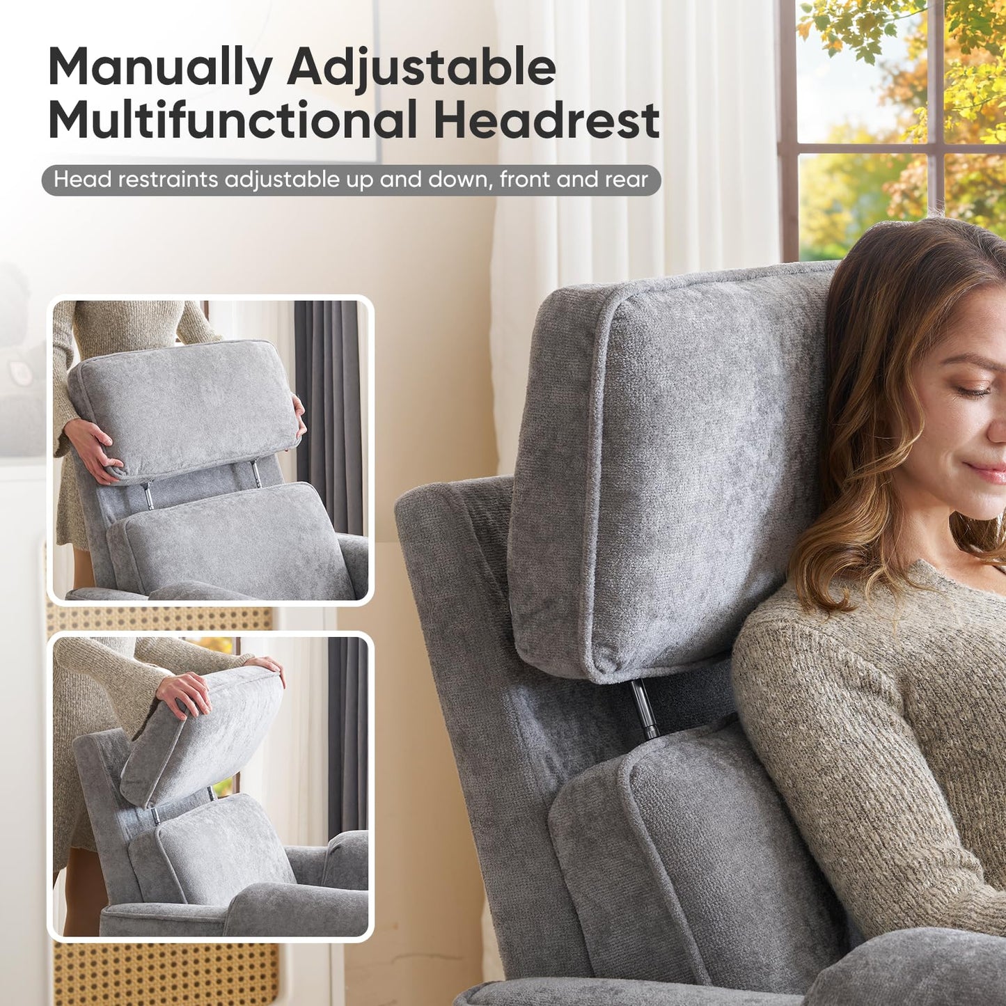 Rhevoy Oversized Power Recliner Chair, 26" Extra Wide Swivel Rocker Recliner with Adjustable Headrest, Chenille Glider Rocking Nursery Chair with Overstuffed Armrest, USB Ports, Grey