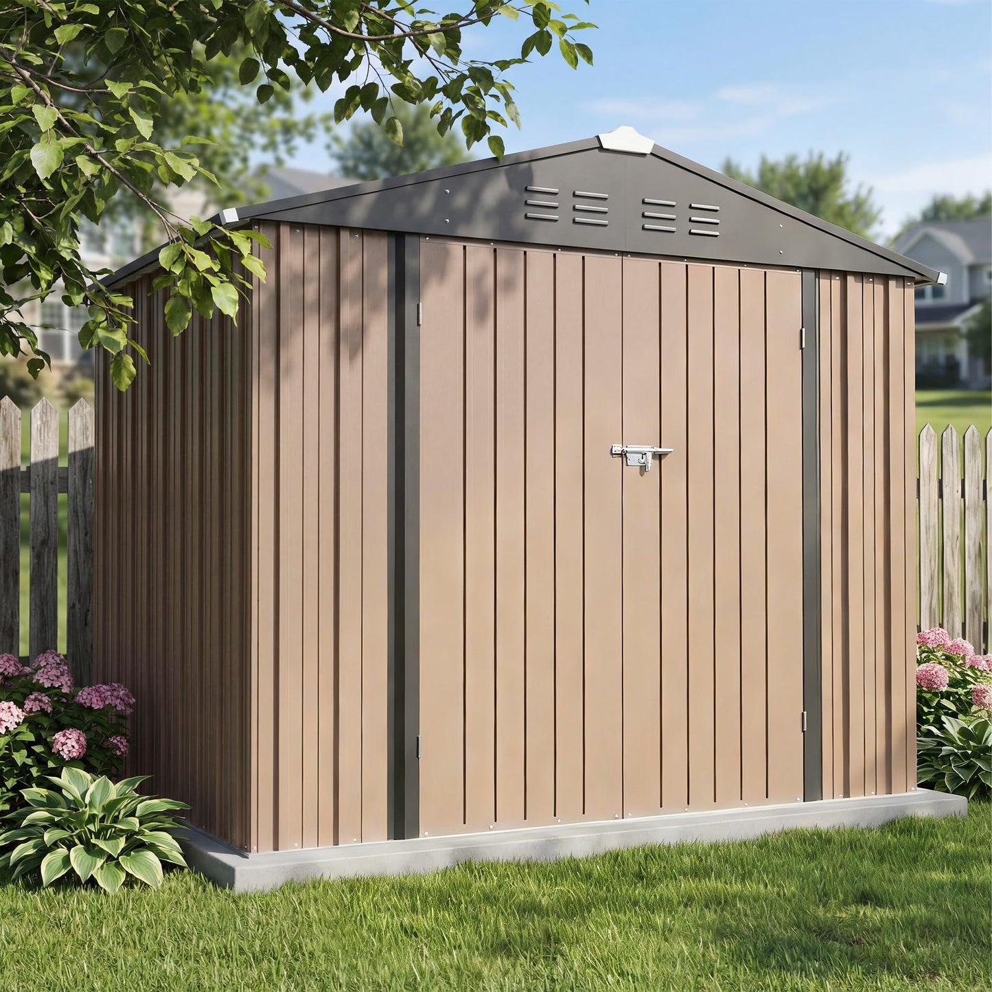 Greesum 8x6FT Outdoor Storage Shed with Base, Utility Tool Shed with Sloping Roof, Metal Storaged Garden Shed with Door & Lock for Patio Storage, Brown
