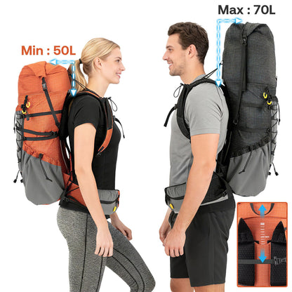 Night Cat Internal-frame Hiking Backpcack: 50L / 60L / 70L Roll Top Lightweight Travel Backpack with Rain Cover for Men Women Hiking Camping Backcpacking Orange Red
