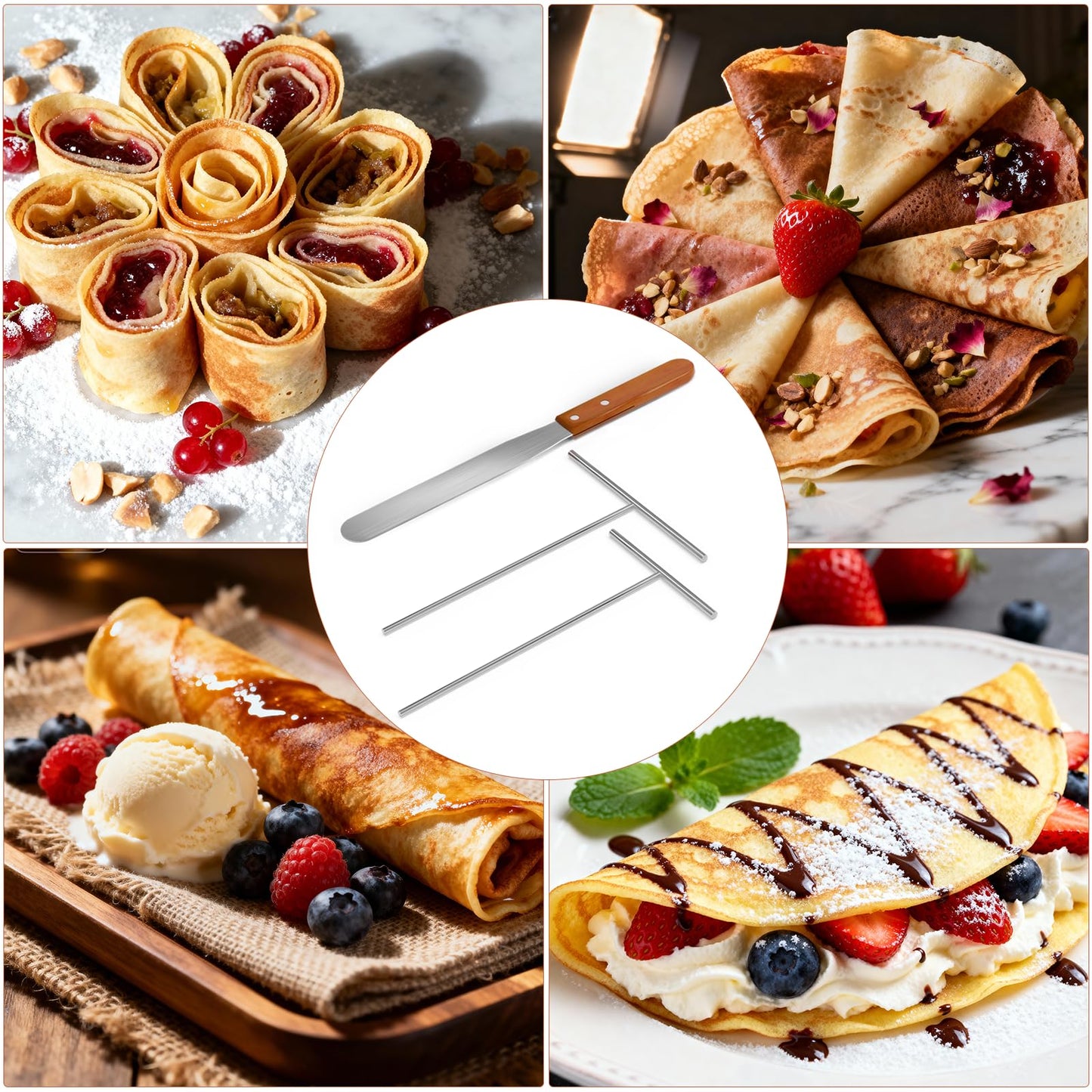 Lilithye Crepe Spreader and Spatula Kit Stainless Steel Crepe Spreader Tool 5", 7" Spreaders and 12" Spatula(3 Pcs)