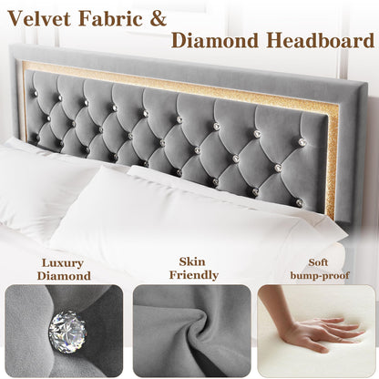Floating Queen Platform Bed Frame with Smart LED Lights – Modern Diamond Upholstered Headboard, Noise-Free Wood Slats, Under-Bed Storage, Easy Assembly, Contemporary Bedroom Furniture, King Gray