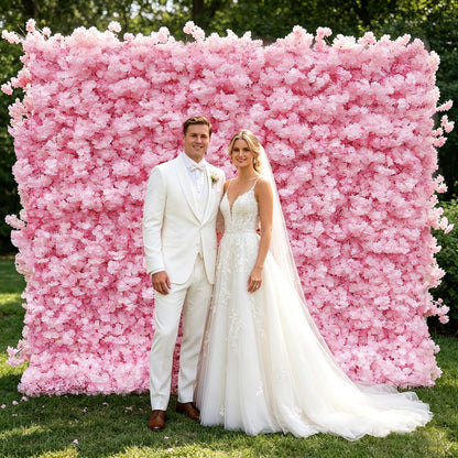 Artificial Flower Wall Backdrop, 5D Silk Cherry Blossom Pink Floral Backdrop, Floral Photo Backdrop for Wedding Valentine's Day Photography Event Party Decoration, Quick Assembly Storage (Pink)