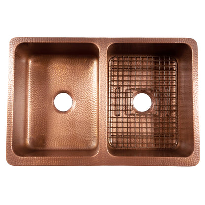 Sinkology Lange 32 Inch Farmhouse Sink - Handcrafted Solid Copper Apron Front Double Bowl Farm Sink for Kitchen, Antique Copper Finish, Fits 36 Inch Cabinet, Complete Kit, Sinkology Everyday Warranty