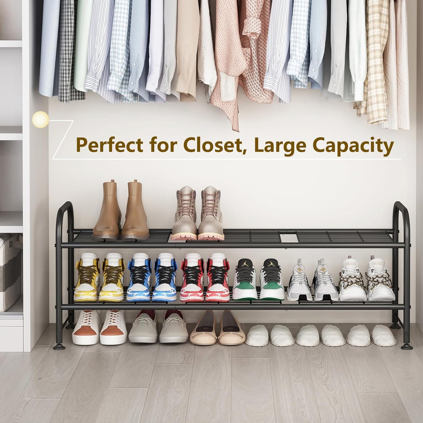 2 Closet LINZINAR Shoe Rack Tier Storage Organizer for Entryway Metal Black