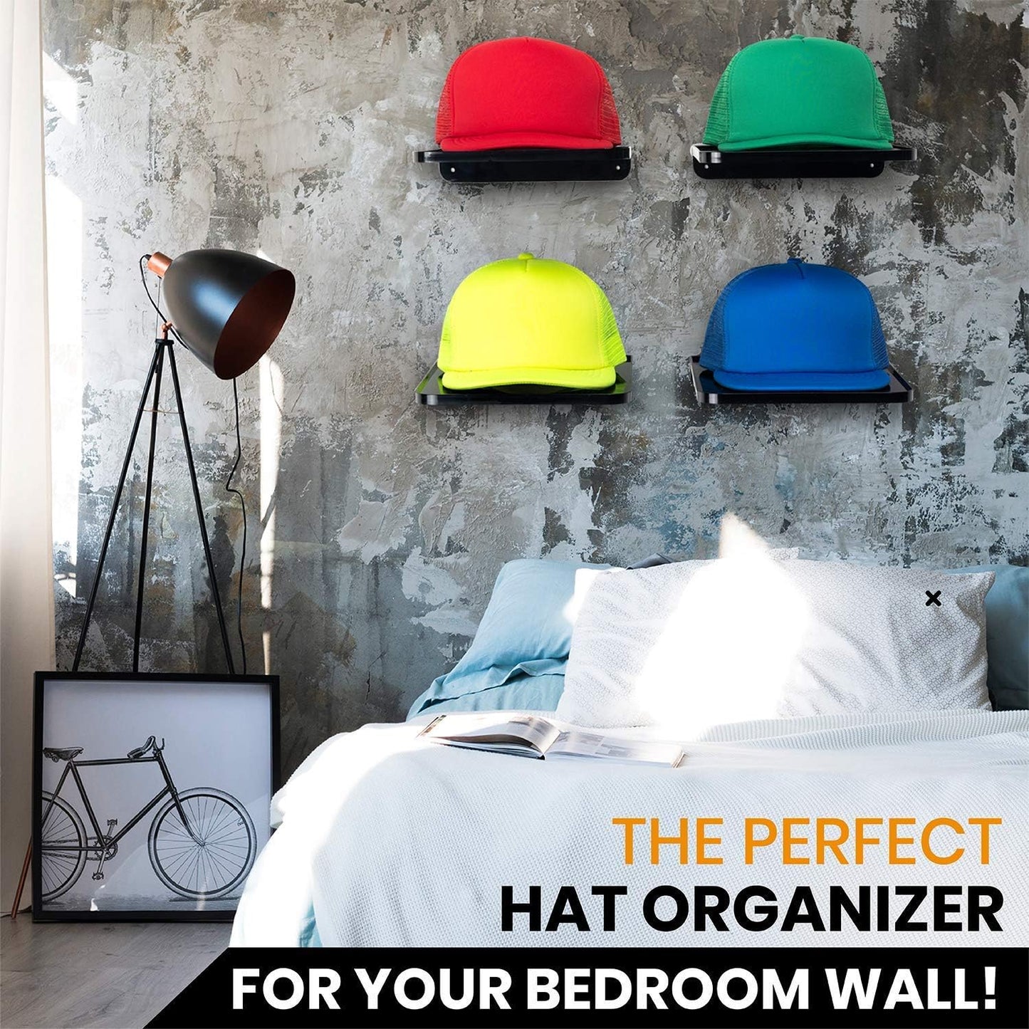 Boxy Concepts Hat Rack for Wall - Pack of 4 Premium Baseball Cap Organizer - Plastic Mountable Display Shelf with 3M