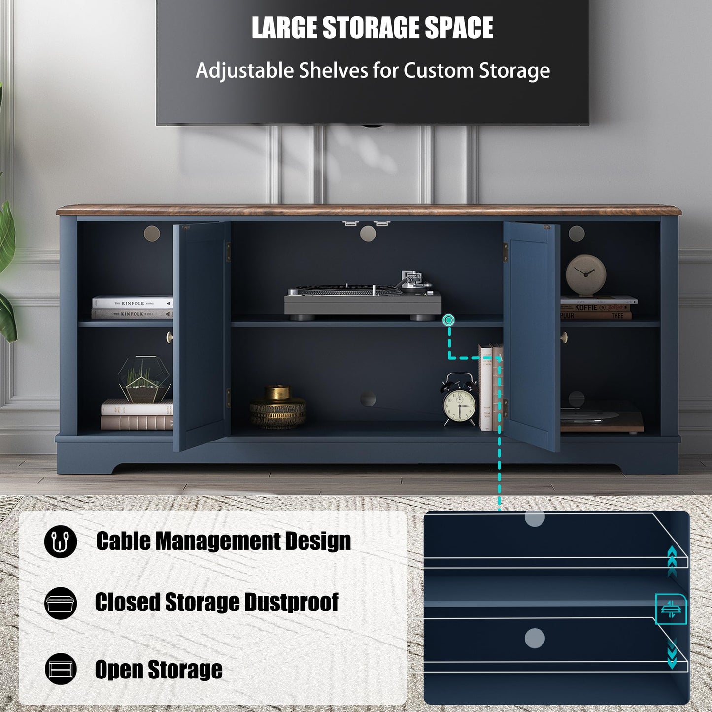 LIVILAND Rustic TV Stand for 70 Inch TV, Entertainment Center with Storage Cabinets and Adjustable Shelves, Farmhouse Media Console Table for Living Room, Bedroom (Navy)