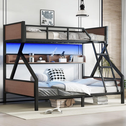 Bellemave Twin XL Over Queen Size Bunk Bed with Storage Shelves and LED Lights,Heavy Duty Adult Bunk Beds with Angled Ladder,Metal Queen Bunk Bed,Black