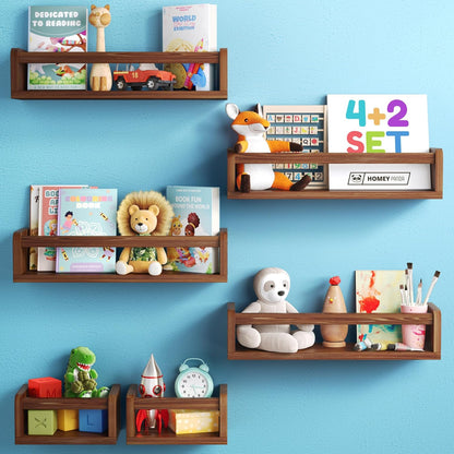 4 2 HOMEY PANDA Wall-Mounted Nursery Bookshelves - Long + Mini Shelves, Kids Room Storage (Walnut Pine Wood)