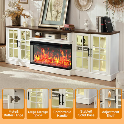 ROCKPOINT 97" Farmhouse Fireplace TV Stand with 3 Sided Glass 36" Electric Fireplace Heater for TVs up to 100", Media Entertainment Center with Adjustable Shelves and Large Storage Cabinets,White