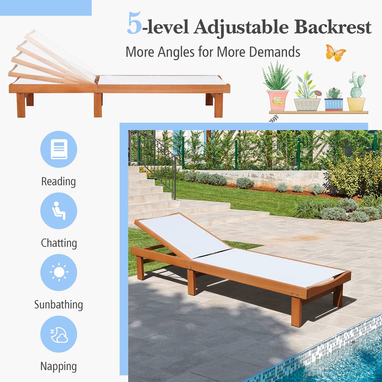 COSTWAY Set of 2 Patio Wood Chaise Lounge Chair, Strong Eucalyptus Wood Frame, 5-Position Adjustable Outdoor Recliner with White Mesh (White)