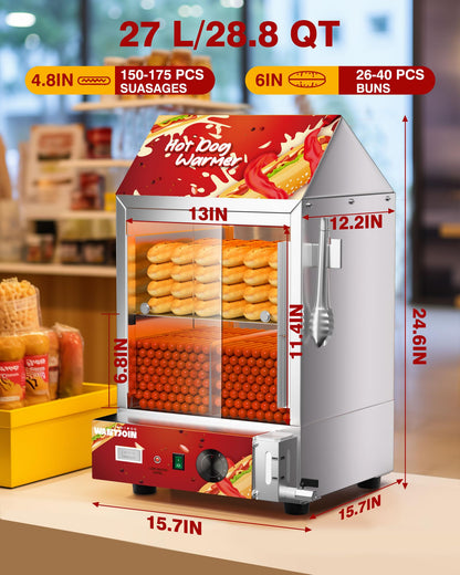 WantJoin Hot Dog Steamer - 28.8QT Commercial Electric Hot Dog Steamer with Bun Warmer, Glass Sliding Door Steaming Machine for 175 Hot Dogs and 40 Buns Adjustable Temperature Red