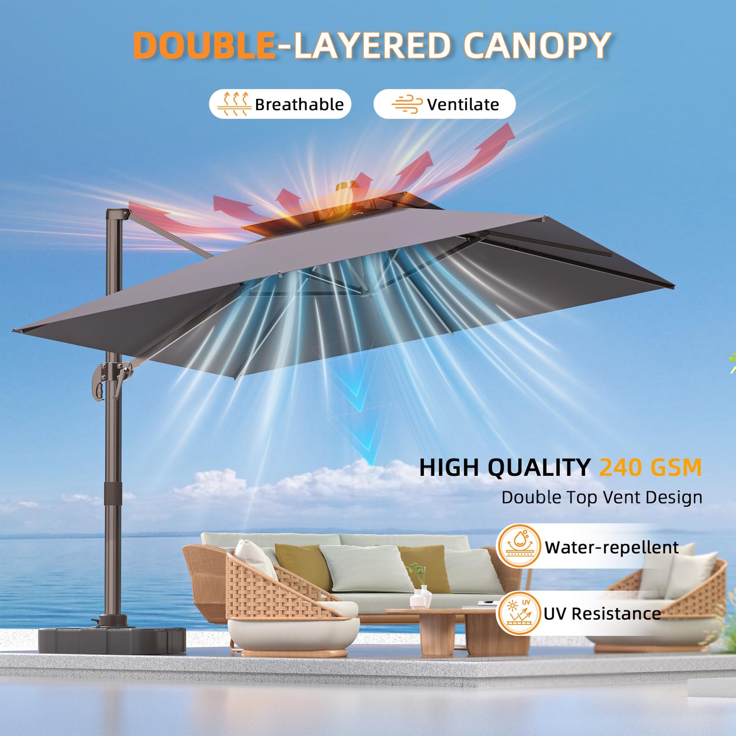 ORYNTREX 10' X 13' Outdoor Patio Umbrella Large Rectangle Cantilever Umbrella Heavy Duty 360°Rotation Offset Umbrella for Garden Deck Pool Patio,Grey
