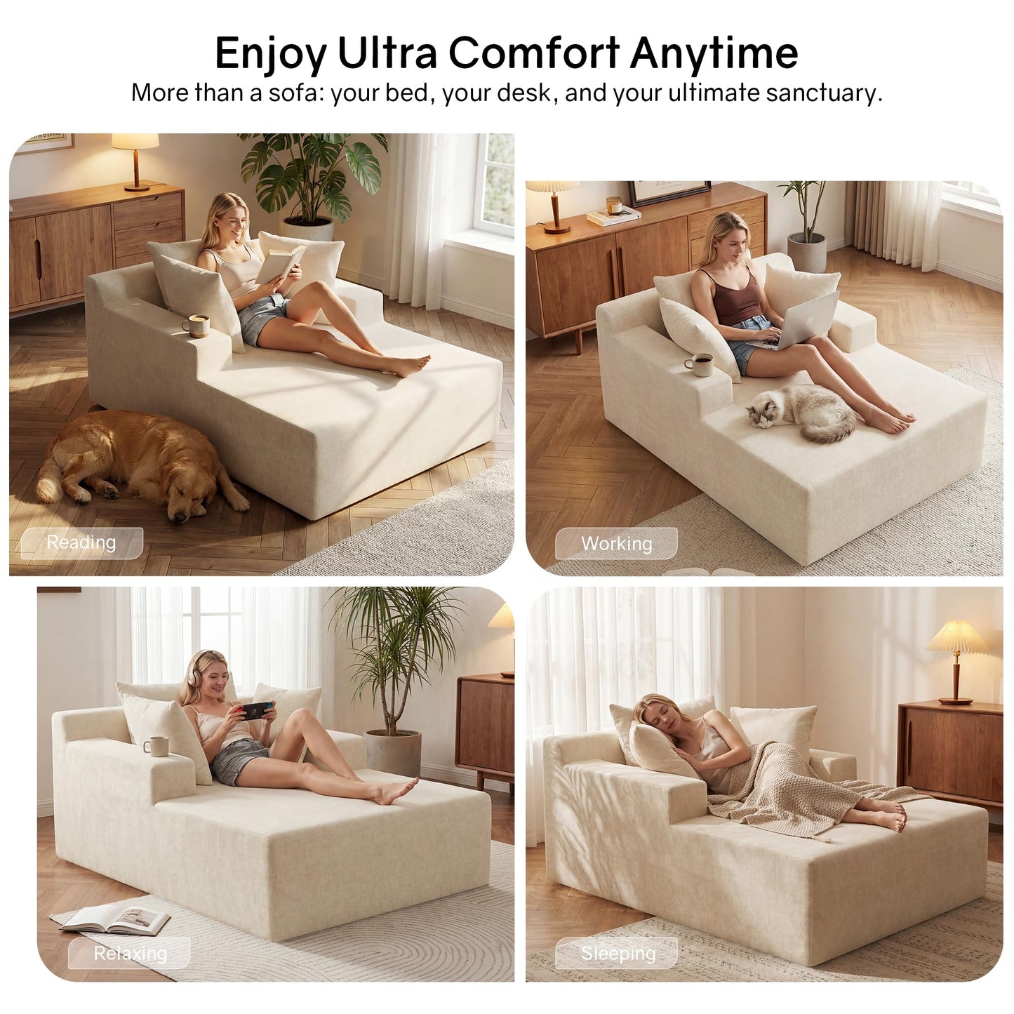 66" Chaise Lounge Chair Indoor, Oversized Boneless Lounge Chair with 3 Pillows, Chenille Cloud Reading Chair for Living Room Bedroom, Deep Seat Sleeper Couch, No Assembly Required