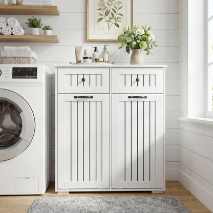 FEBORY White Laundry Cabinet with 2 Removable Hamper Baskets and 2 Drawers, Particle Board and MDF, 31.5 x 15.75 x 35.83 Inches