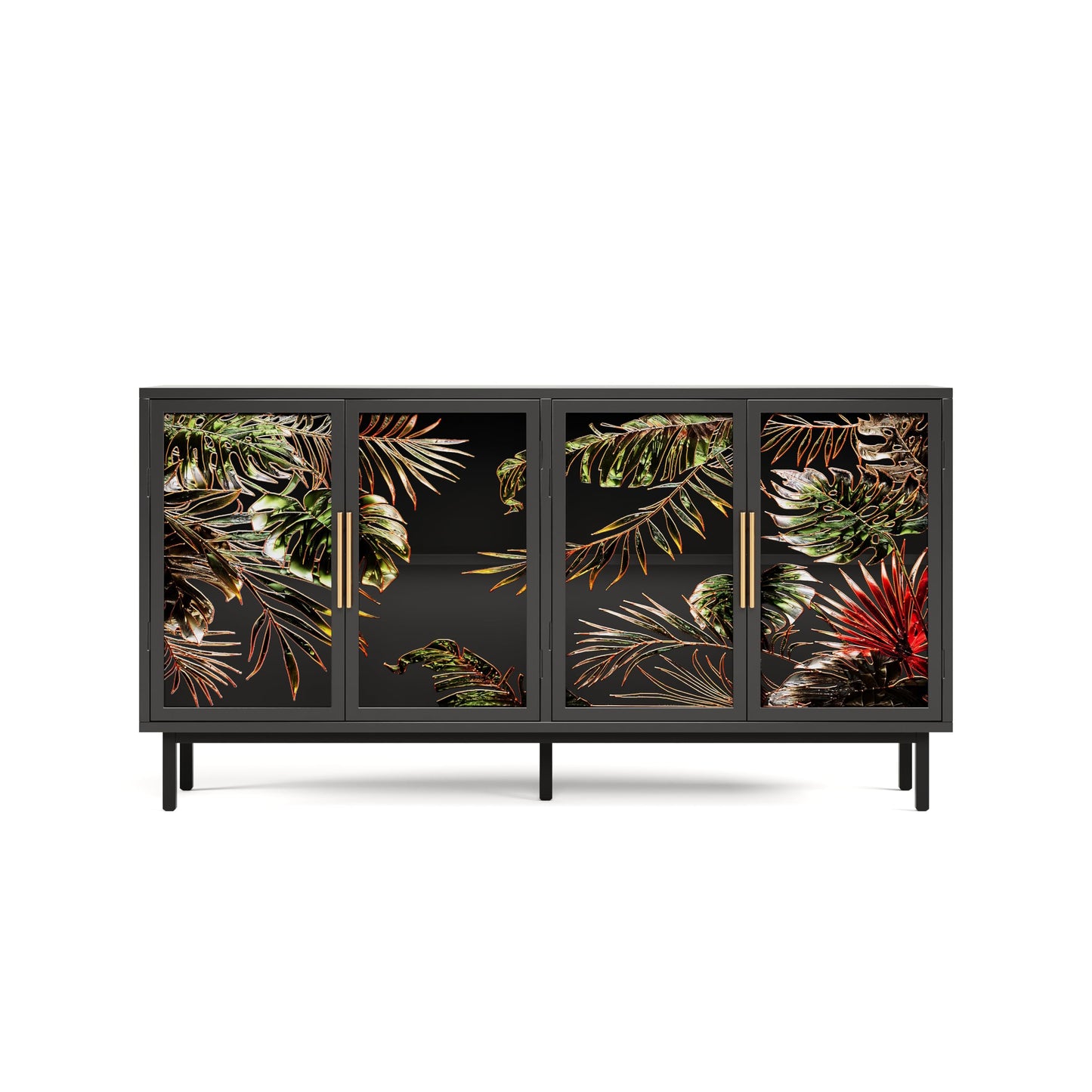 GDFStudio 60.3" Retro Buffet Sideboard Cabinet with 4 Glass Doors, Modern Glazed Painting Art Storage Cabinet Console Table, Artistic Tropical Glass Credenza Buffet for Living Room Dining Room, Black