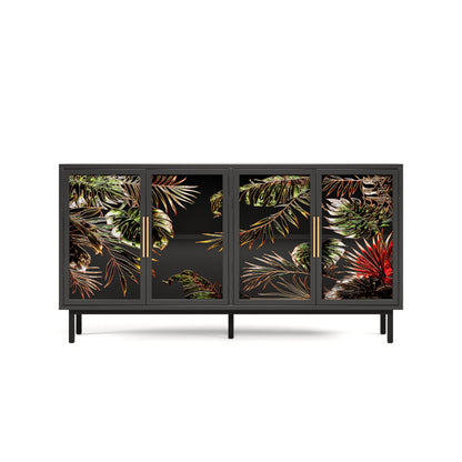 GDFStudio 60.3" Retro Buffet Sideboard Cabinet with 4 Glass Doors, Modern Glazed Painting Art Storage Cabinet Console Table, Artistic Tropical Glass Credenza Buffet for Living Room Dining Room, Black