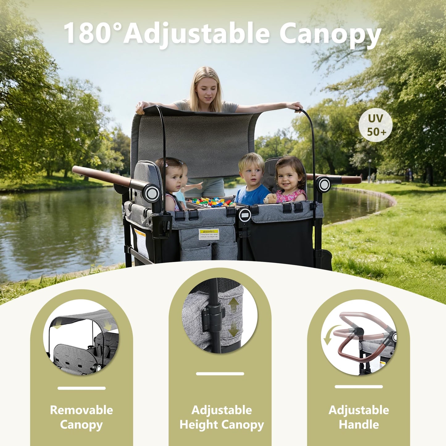 Kinder King Wagon Stroller for 4 Kids, All-Terrain Foldable Outdoor Stroller Wagon 4 Seater, Removable Canopy, Adjustable Handle, Detachable Tray, Black&Grey
