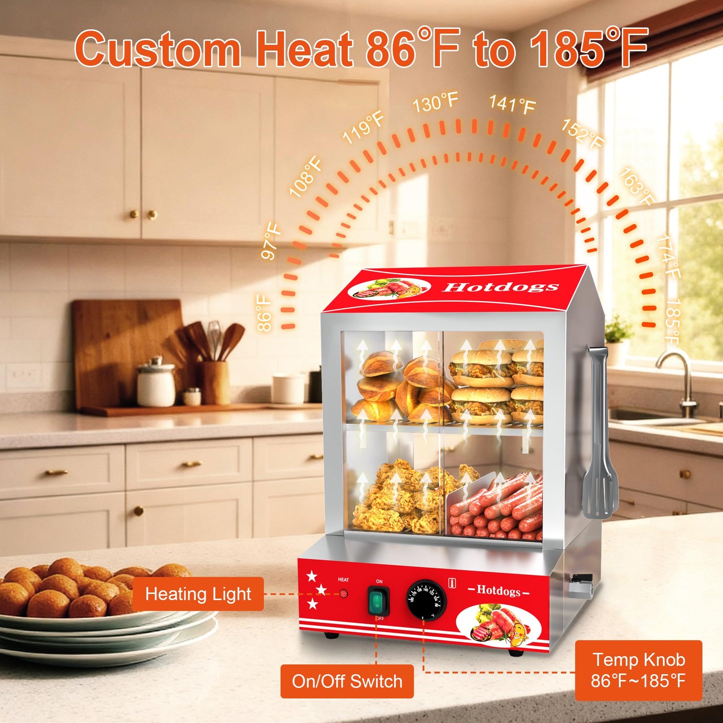 ZMRTDWO Hot Dog Steamer, 28.5QT 2-Tier Commercial Hot Dog Machine with Bun Warmer, 86°F~185°F Adjustable, 175 Hot Dogs & 40 Buns, Stainless Steel Hot Dog Bun Warmer with Tempered Glass Slide Doors