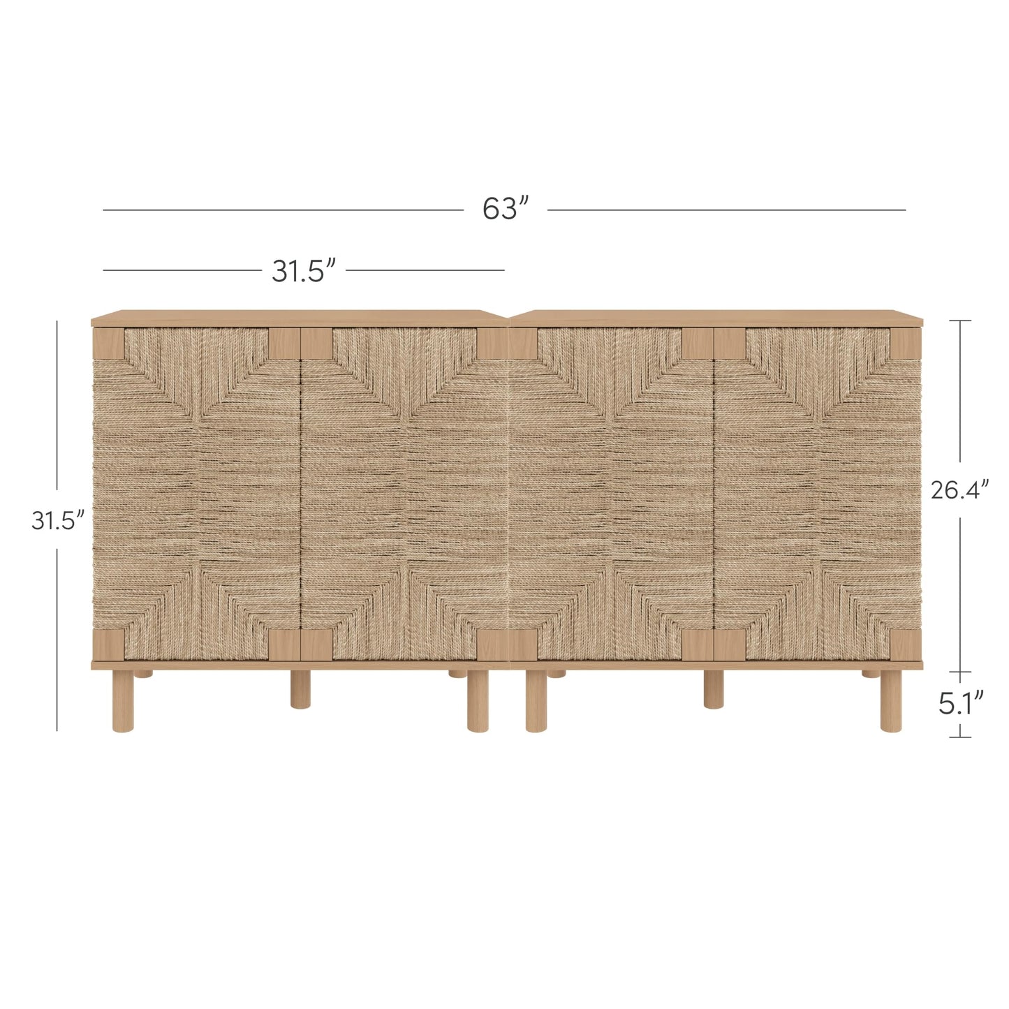 Nathan James Beacon Boho TV Stand, Free Standing Kitchen Cabinet Storage with Adjustable Interior Shelf and Seagrass Accent, Seagrass/Raw Oak, Set of 2