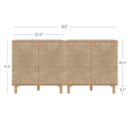Nathan James Beacon Boho TV Stand, Free Standing Kitchen Cabinet Storage with Adjustable Interior Shelf and Seagrass Accent, Seagrass/Raw Oak, Set of 2