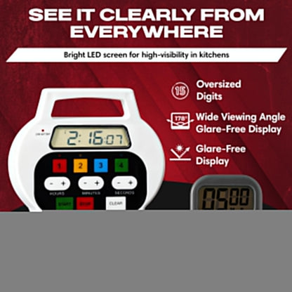 Chef Master 4-Channel Digital Kitchen Timer – Timer for Cooking, Baking & Grilling – LED Display Clock with Independent Countdown Functions for Food Preparation, Roasting, & Tracking - 90218