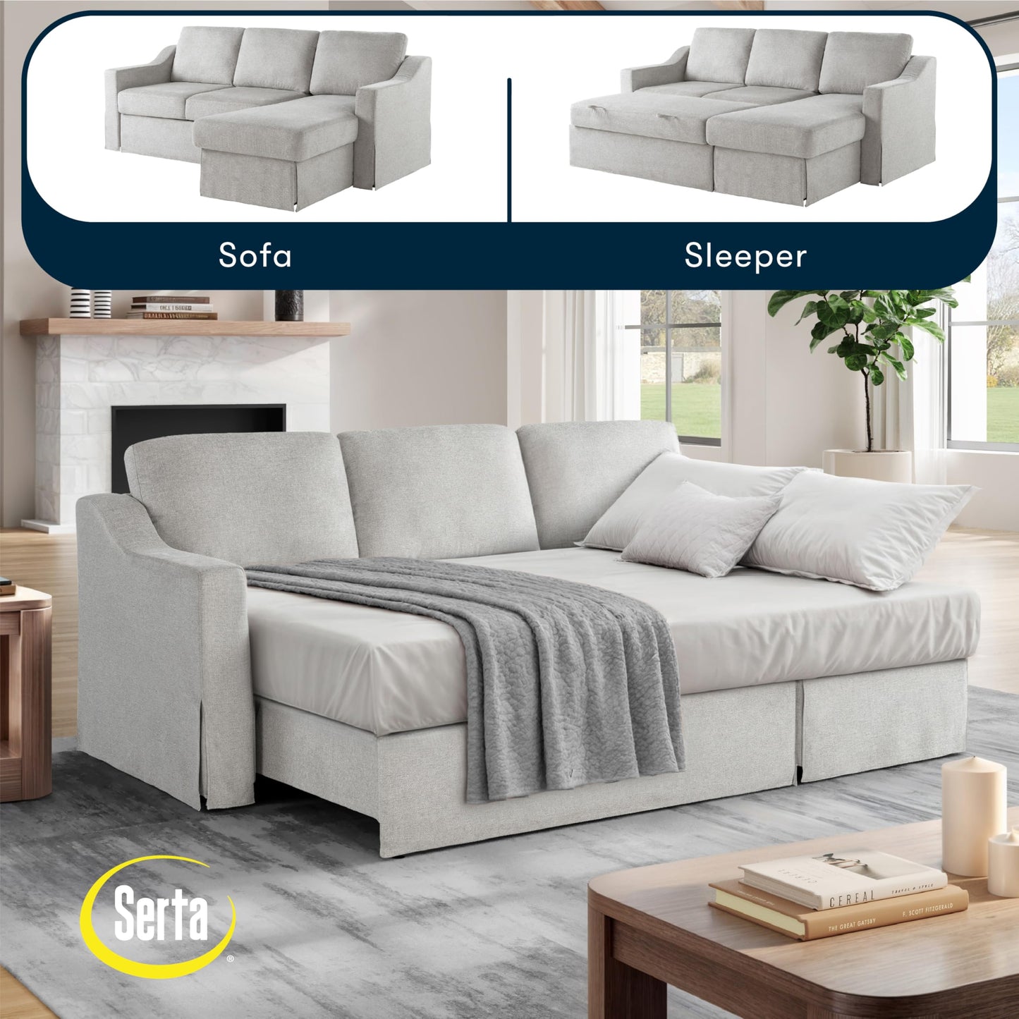 Serta Hawthorne 89.8" Slipcovered Convertible Sleeper Sofa Chaise, Queen Size, Dreamcoil Comfort, Reversible Storage Chaise, Polyester Tweed Fabric, Linen
