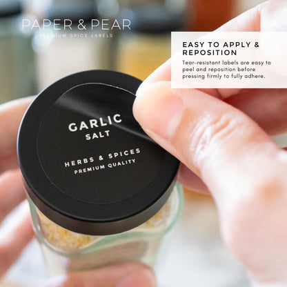 Modern Style Round Black Spice Labels Stickers Preprinted Waterproof by Paper & Pear - Oil Resistant Kitchen Pantry Labels for Home Improvement - 1.35 Inches Pantry Stickers - Set of 80 (No Jars)