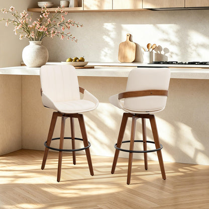AQG Counter Stools Set of 2, 26.3 Inch Mid Century Modern Counter Height Bar Chairs, Swivel Barstools with Walnut Craft, Faux Leather Upholstered Furniture for Island/Counter (Beige, 26.3"-2 PCS)