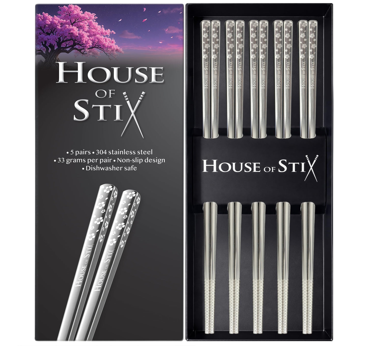 Stainless Steel Chopsticks – 5 Pairs 304 Food-Grade Metal, Reusable Dishwasher Safe, Non-Slip Laser Engraved, Japanese Korean Style Gift Set