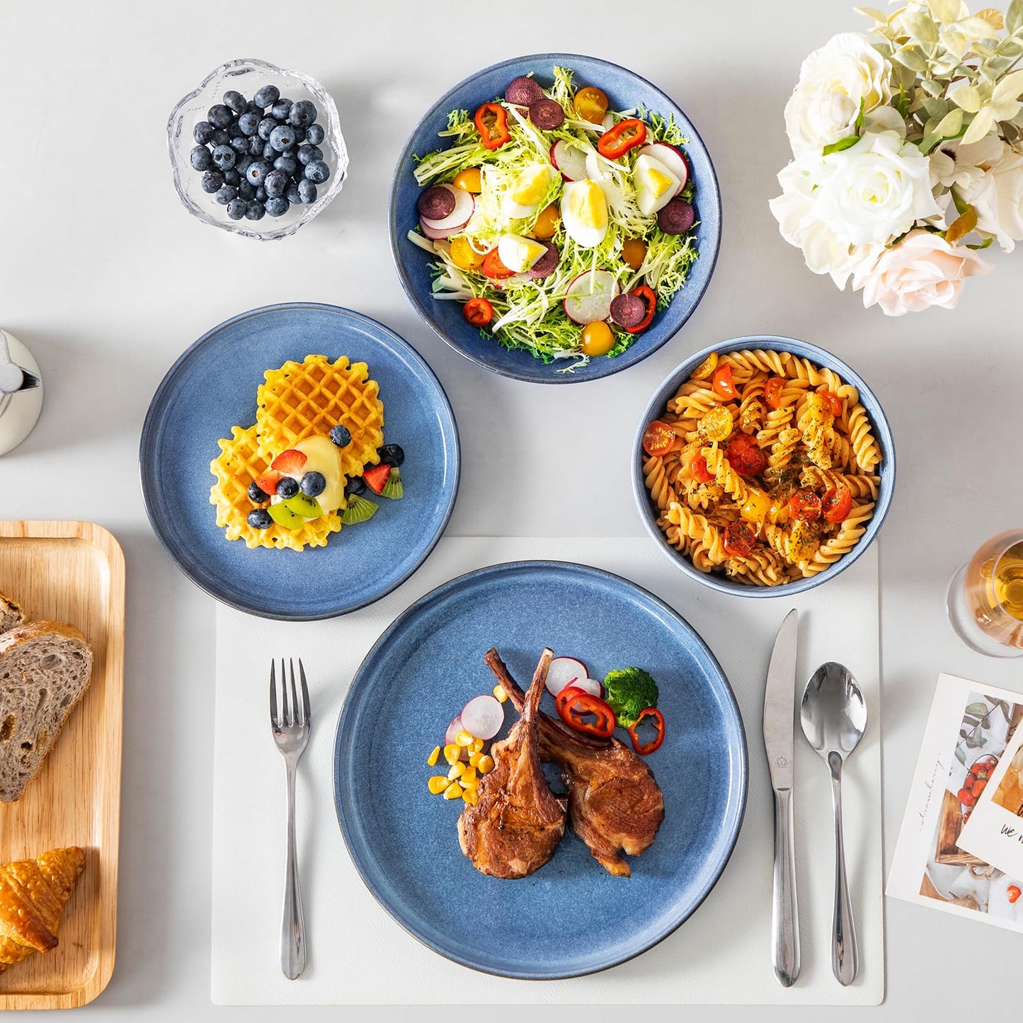 vancasso ANYA 24 Pieces Plates and Bowls Set, Blue Dinnerware Sets, Reactive Glaze Dishes Set for 6, Ceramic Dishware Sets Kitchen Dinner Set, Microwave & Dishwasher Safe