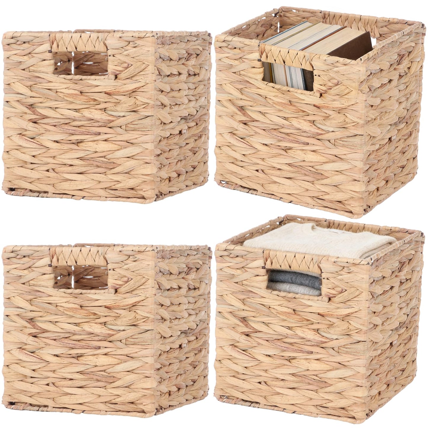 4 Pcs 9 Inch Wicker Cubes Storage Bins - Woven Water Hyacinth Storage Baskets, Foldable Bins with Handles, Collapsible Square Containers for Shelves, Closets, 8.7×8.7×8.7"