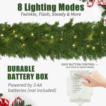 Realistic Christmas Garland With 8 Lighting Modes 6FT Real Touch Lush Artificial Cypress Garlands Prelit Garlands for Stairs Railing Fireplace Table Christmas Decorations Indoor Holiday Decor Greenery