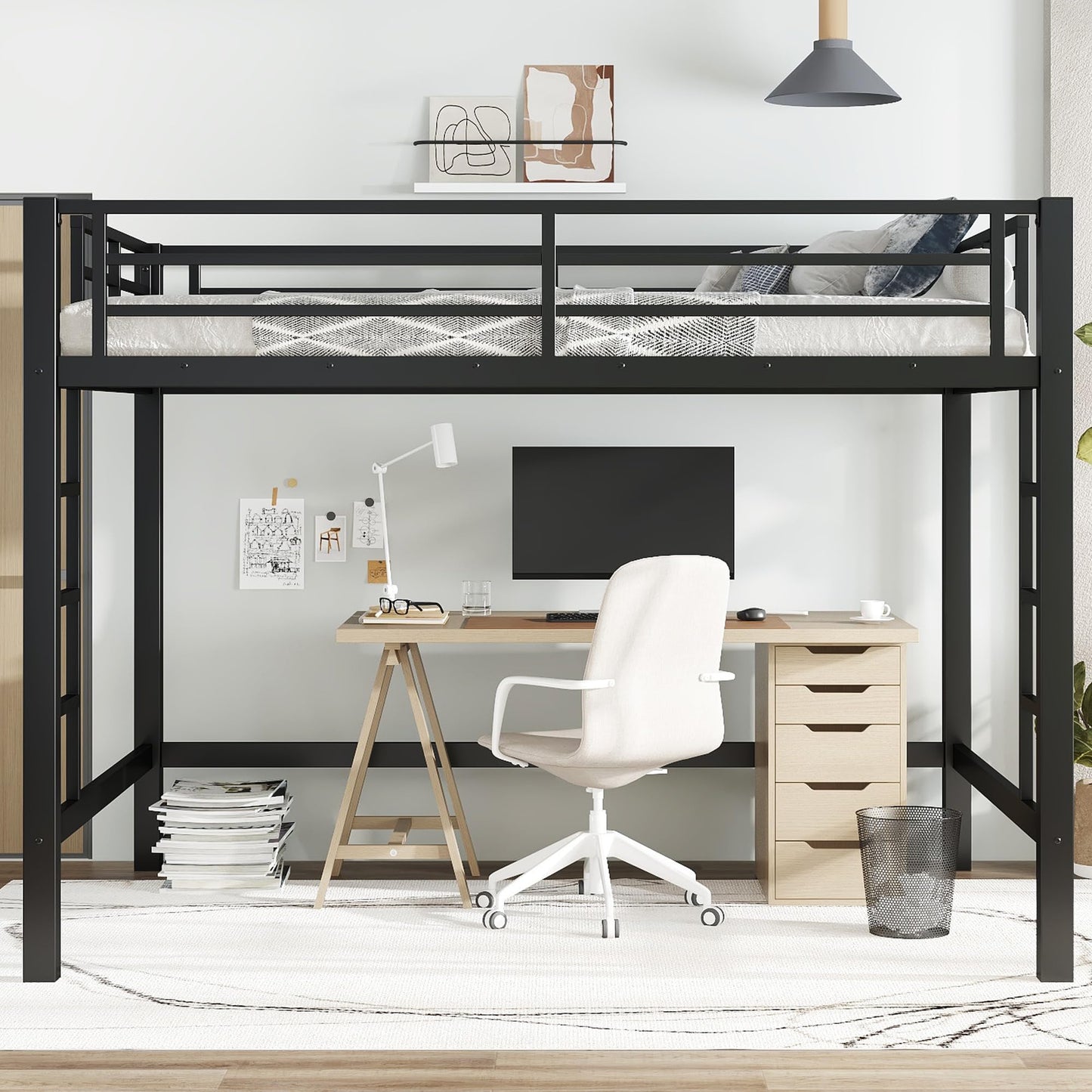 Metal Queen Size Loft Bed,Heavy Duty Loft Bed Frame Queen Size with 2 Ladders and Full Length Guardrails for Kids, Teens, Adults, Noise-Reducing,Space-Saving,Black