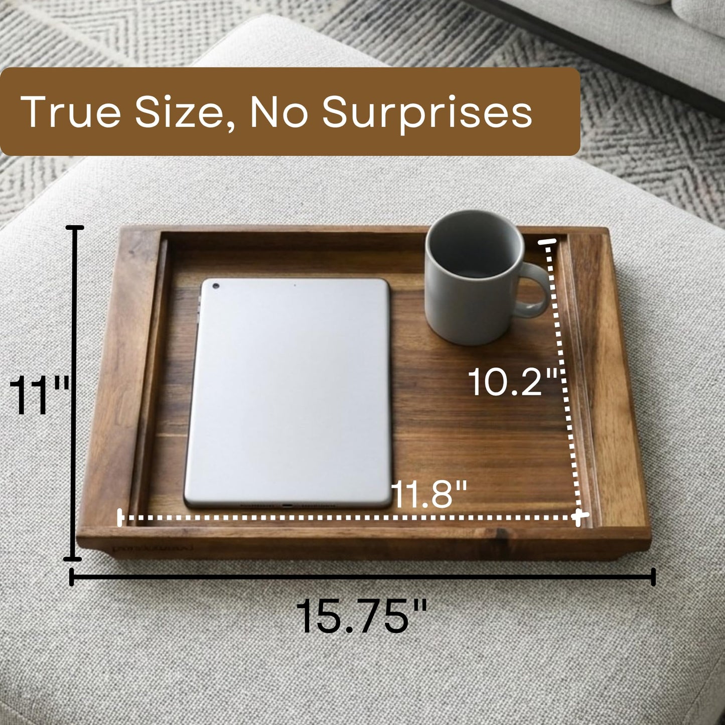 PANDAWOOD Wood Serving Tray - Large Acacia Wooden Tray for Coffee Table Ottoman - Ottoman Tray Decor - Rectangle Wood Tray for Kitchen Counter 15.7"x11"