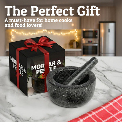 Priority Chef Heavy Duty Large 2 Cup Mortar and Pestle Set,100% Granite, Non Slip Base, Make Fresh Guacamole, Salsa, Pesto, Stone Grinder Bowl, Herb Crusher, Spice Grinder, 6.3 Inch Size, Black