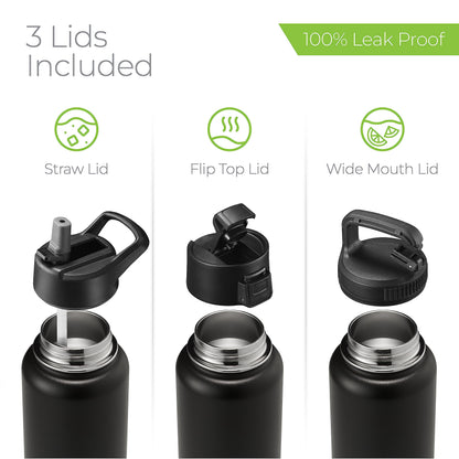 SipX™ 32 oz Insulated Water Bottle with 3 Lids – Leakproof Stainless Steel, Triple Insulated – Cold 24 Hours/Hot 12 Hours – Durable Bottle for School, Gym, Travel – Black