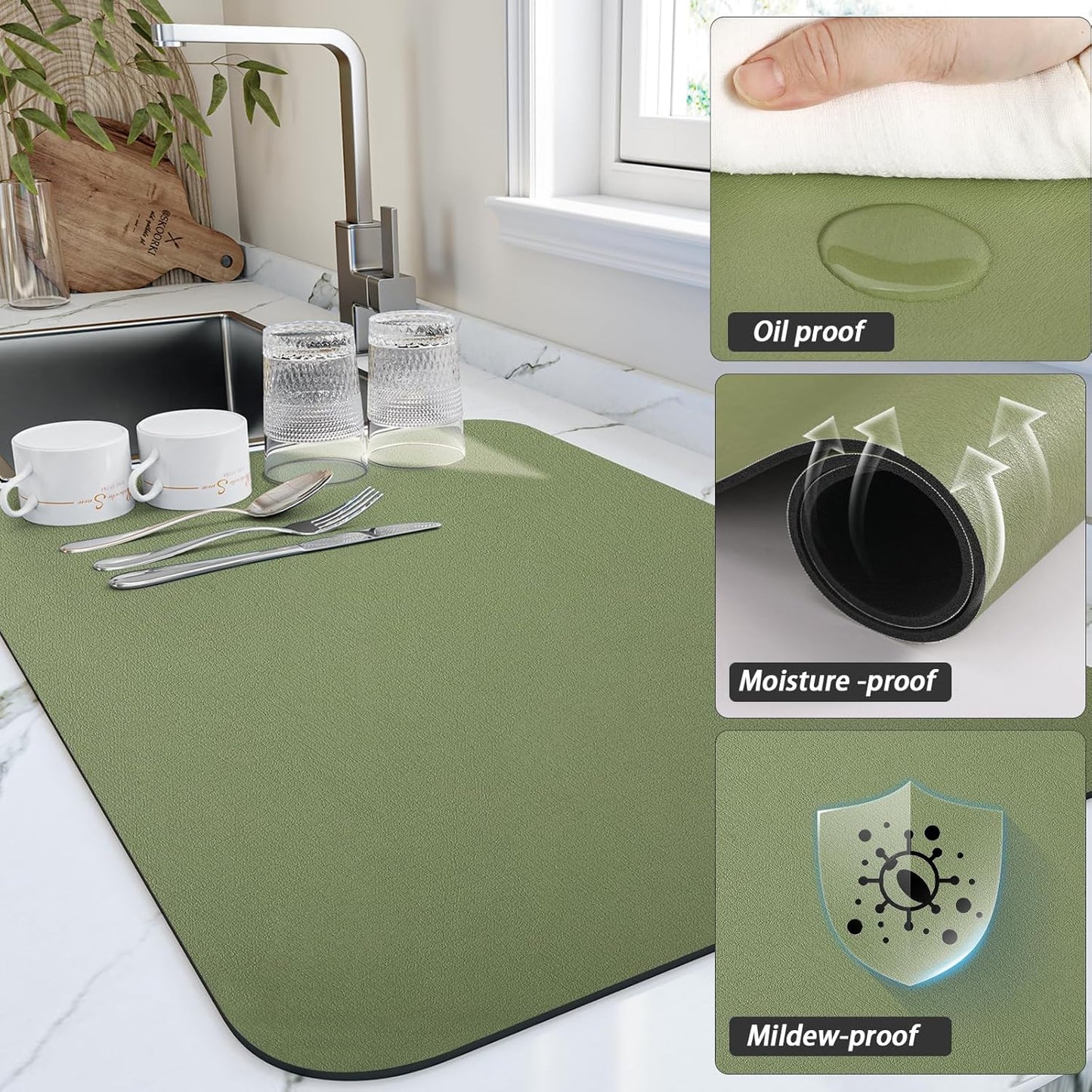 Dish Drying Mat for Kitchen Counter, Heat Resistant Non-slip Draining Mat, Super Absorbent, Easy to Clean, Green 18"x24"