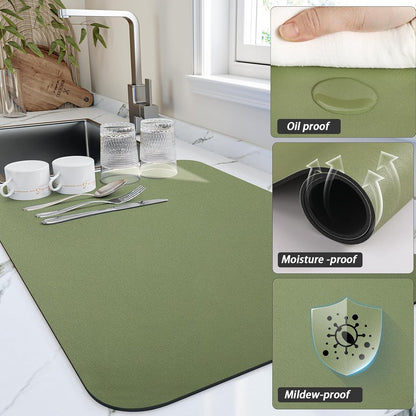 Dish Drying Mat for Kitchen Counter, Green Heat Resistant Non-slip Drainer Mats, Easy to Clean, 16"x20"
