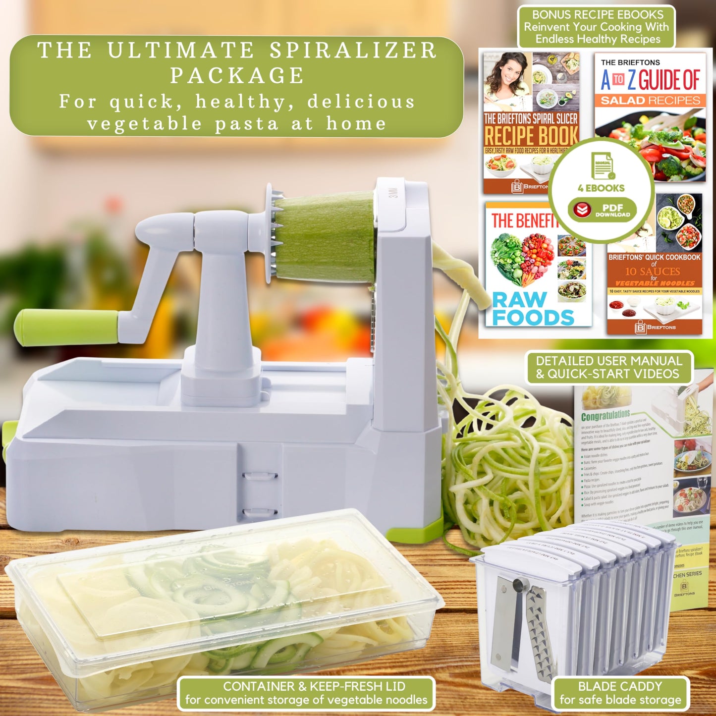 Brieftons 10-Blade Vegetable Spiralizer: Zucchini Spiral Slicer & Veggie Noodle Maker, Japanese Steel Blades, Catch Container, Strong Suction Cup, Blade Caddy, 4 eBooks | Low Carb, Vegan, Gluten-Free