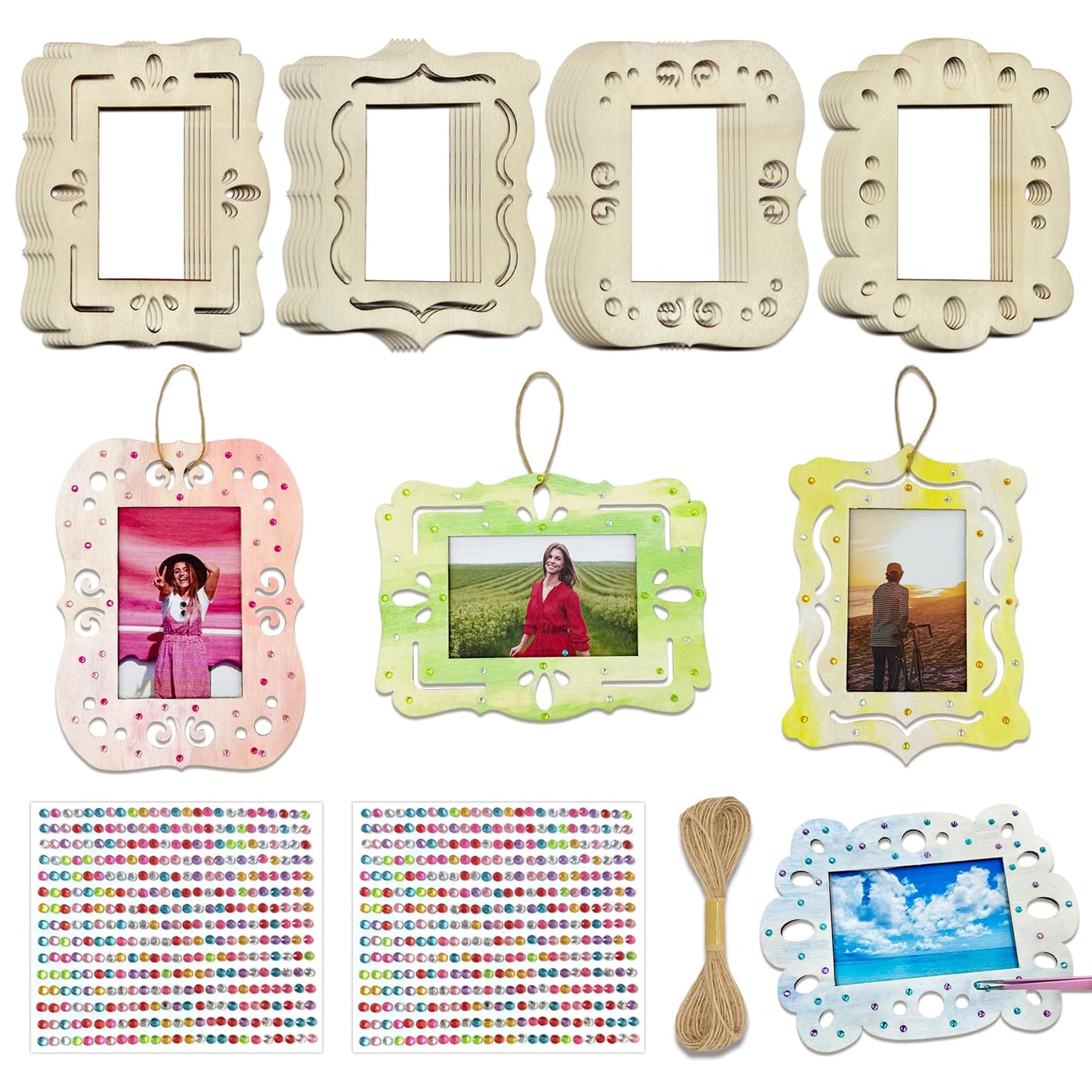KitsyKraft DIY Wooden Photo Frame Craft Kit - 24 Pcs Unfinished Frames, 2 Rhinestone Sheets & 10m Twine for Personalized Home Decor