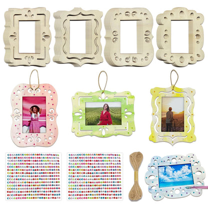 KitsyKraft DIY Wooden Photo Frame Craft Kit - 24 Pcs Unfinished Frames, 2 Rhinestone Sheets & 10m Twine for Personalized Home Decor