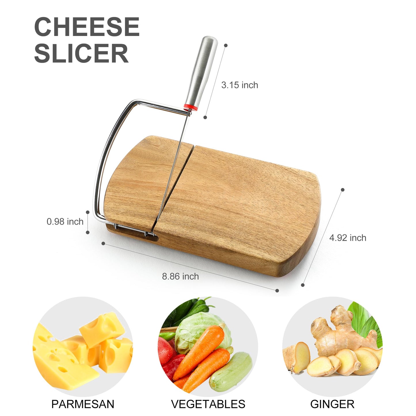 DGLOZE Wooden Cheese Slicer, Cheese Cutter Board with Stainless Steel Blade for Block Cheese, Vegetables, Butter, Sausages, Bread