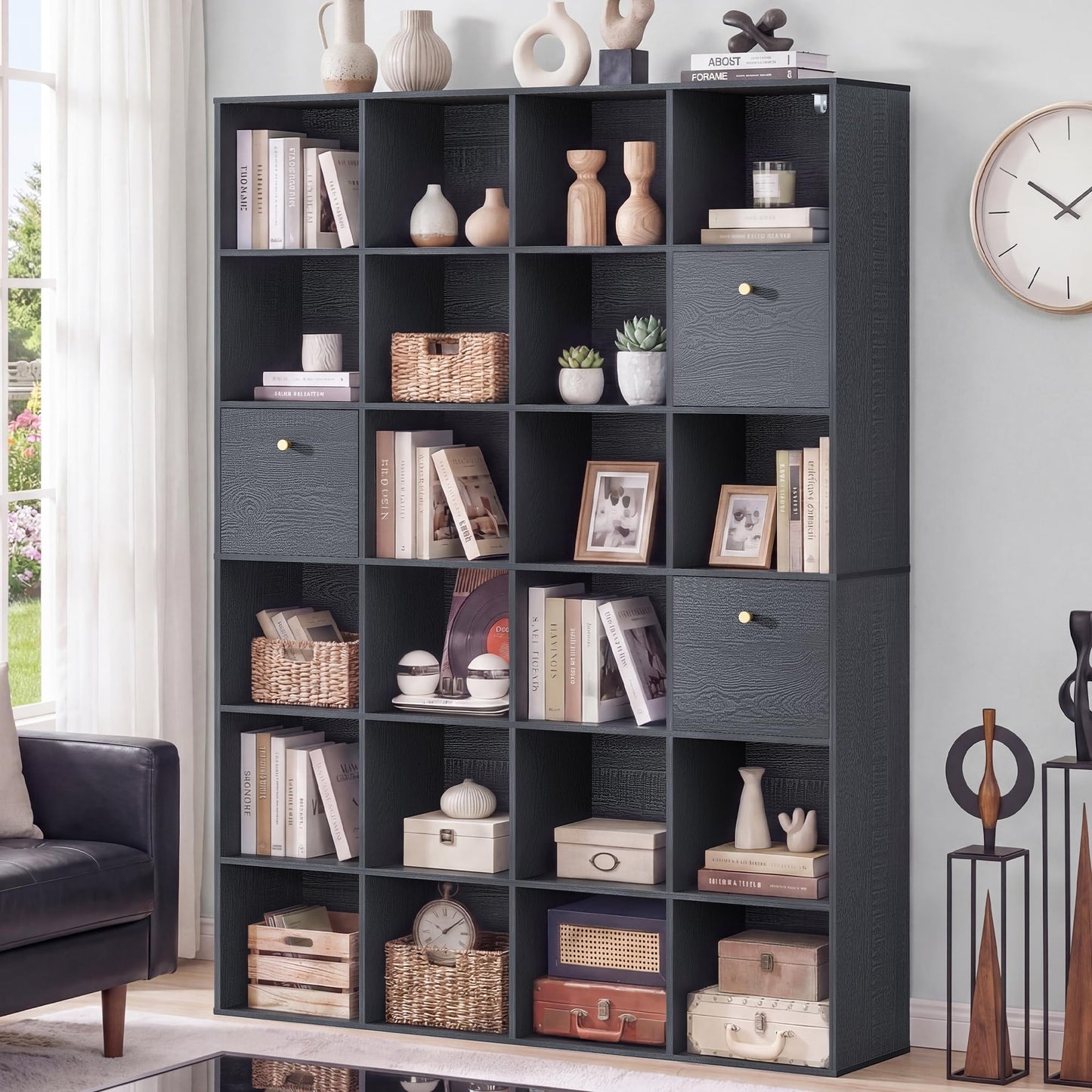 Modern Cube Storage Organizer, 24 Open Shelves Bookcase with 3 Storage Bins, Black Book Case with Wood Grain, Freestanding Shelf for Bedroom, Living Room, Home Office, Library, Wooden Large Book Shelf